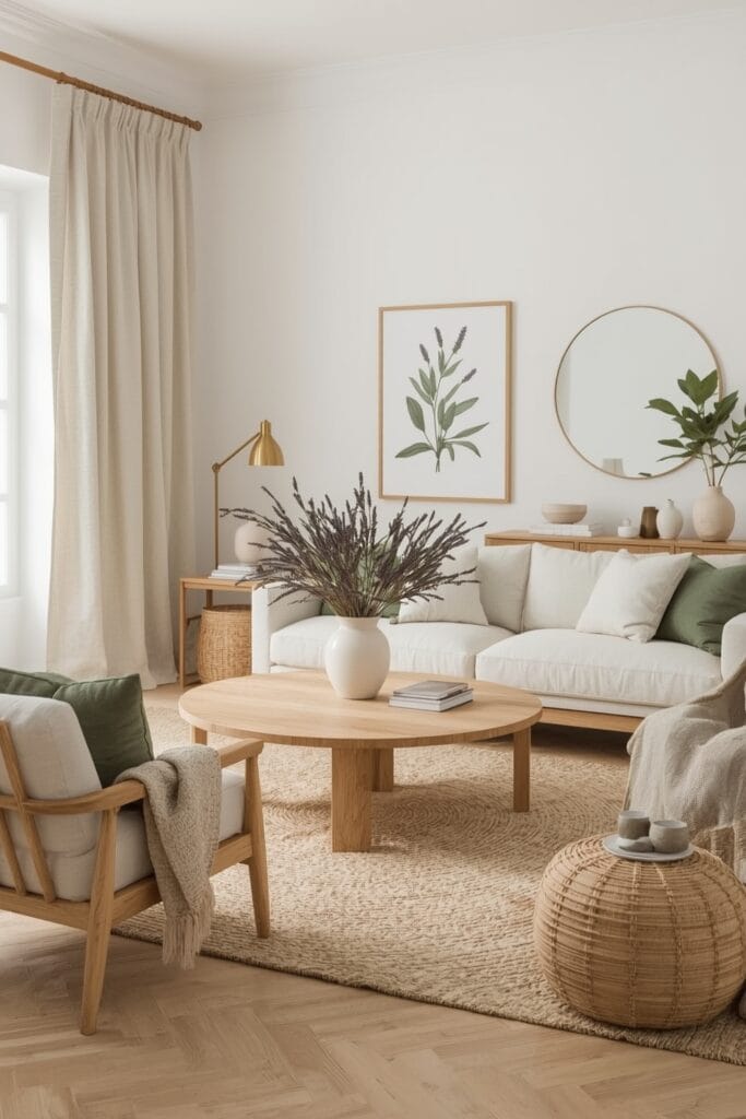 Salon Deco Campagne Chic avec palette naturelle beige, lin et vert sauge