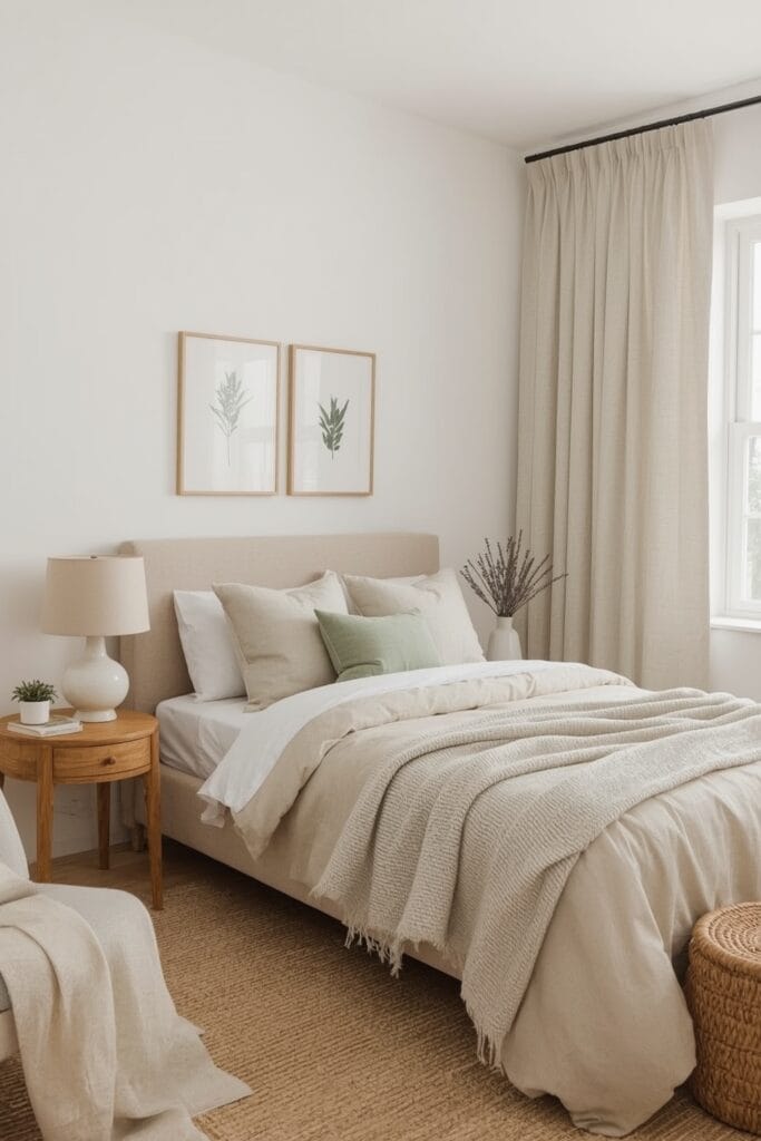 chambre Deco Campagne Chic avec palette beige, lin et vert sauge