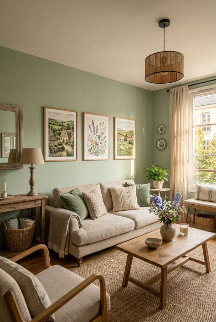 Palette de couleurs deco campagne chic associant beige, lin et vert sauge dans un intérieur lumineux et apaisant