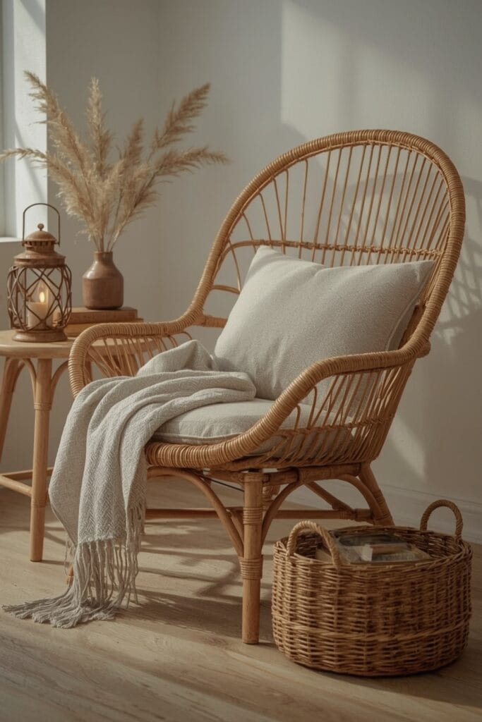 Coin lecture campagne chic avec fauteuil en rotin, lanterne métal, plaid douillet et panier à livres, illustrant la Deco Campagne Chic.
