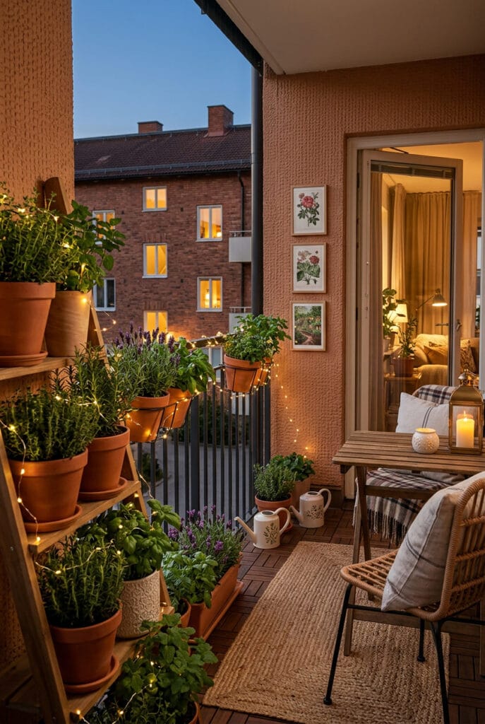 Balcon deco campagne chic avec pots en terre cuite, plantes aromatiques et guirlande lumineuse chaleureuse