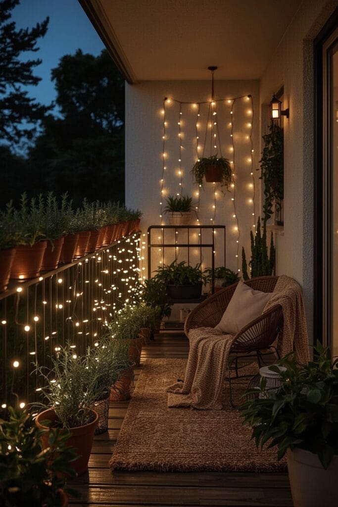 Un balcon campagne chic avec plantes aromatiques et guirlande lumineuse, décoration naturelle et cosy