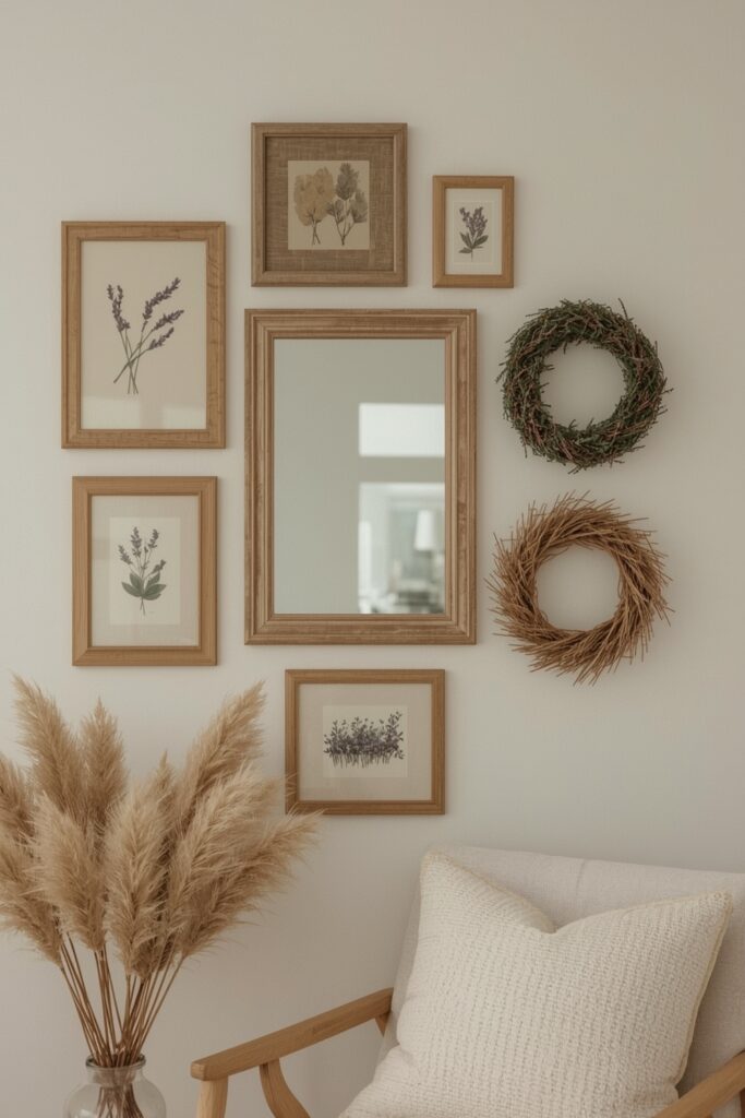 Déco murale campagne chic dans un salon avec cadres en bois naturel, miroir et couronnes de fleurs séchées