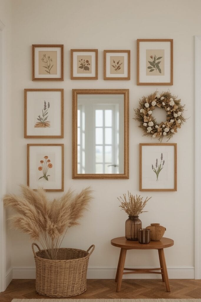 Déco murale campagne chic dans un couloir avec cadres en bois naturel, miroir et couronnes de fleurs séchées