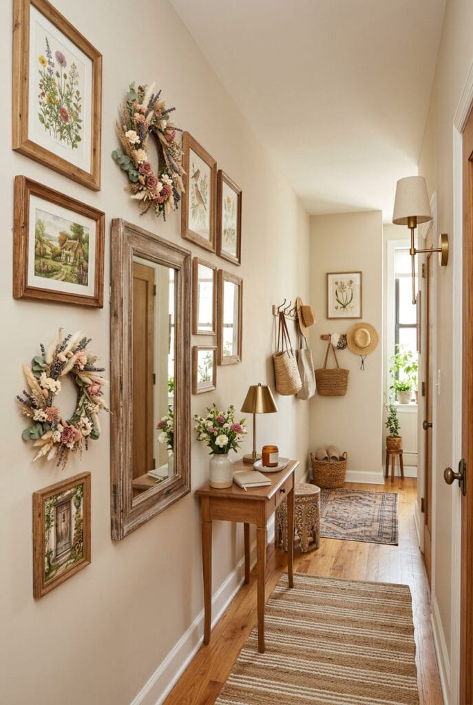 Déco murale deco campagne chic avec cadres en bois ancien, miroirs patinés et couronnes de fleurs séchées