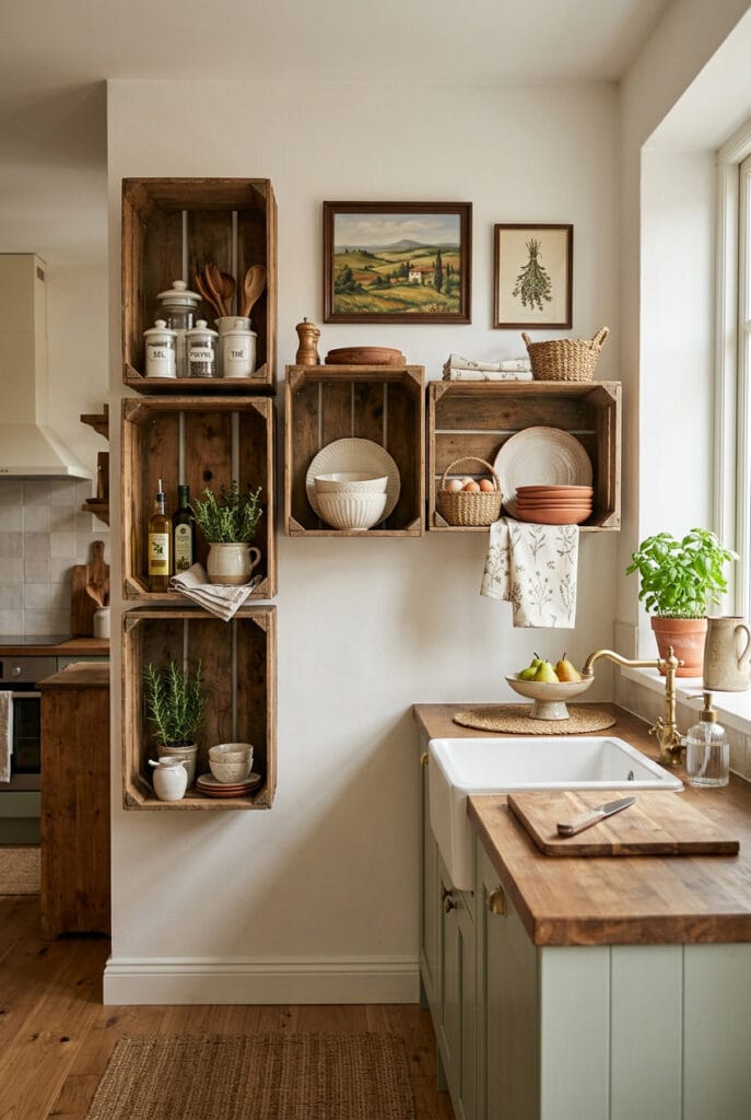 Caisses en bois recyclées transformées en rangement déco campagne chic dans intérieur chaleureux et naturel