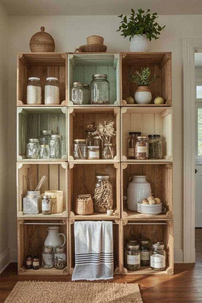 Rangement créatif campagne chic avec caisses en bois recyclées dans une cuisine