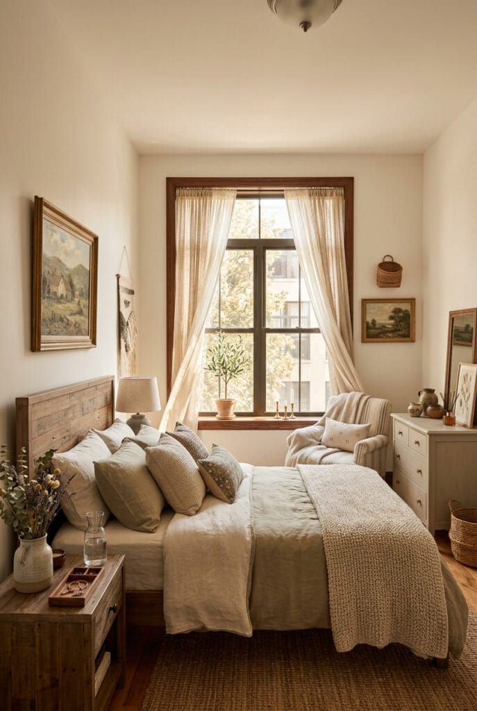 Rideaux en lin écru dans intérieur deco campagne chic laissant passer une lumière douce et naturelle
