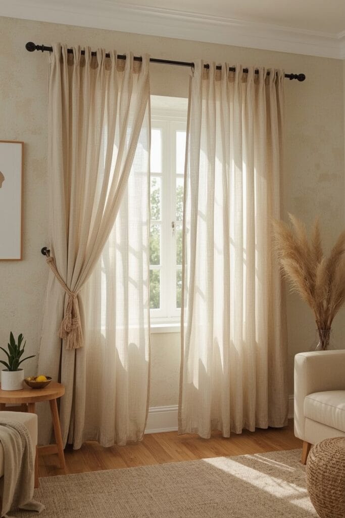Rideaux en lin naturel et voilages pour une lumière douce dans un salon campagne chic