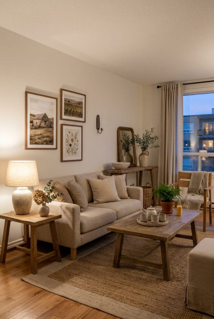Intérieur deco campagne chic mêlant lin naturel, mobilier en bois et objets en céramique artisanale