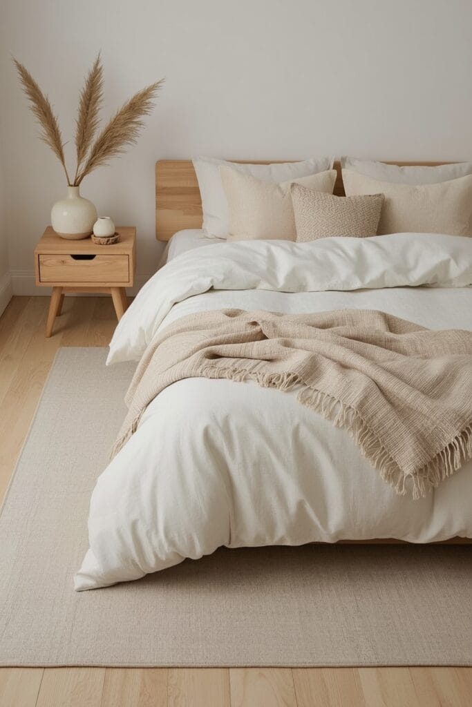 Harmonie de matières lin, bois et céramique dans une chambre campagne chic