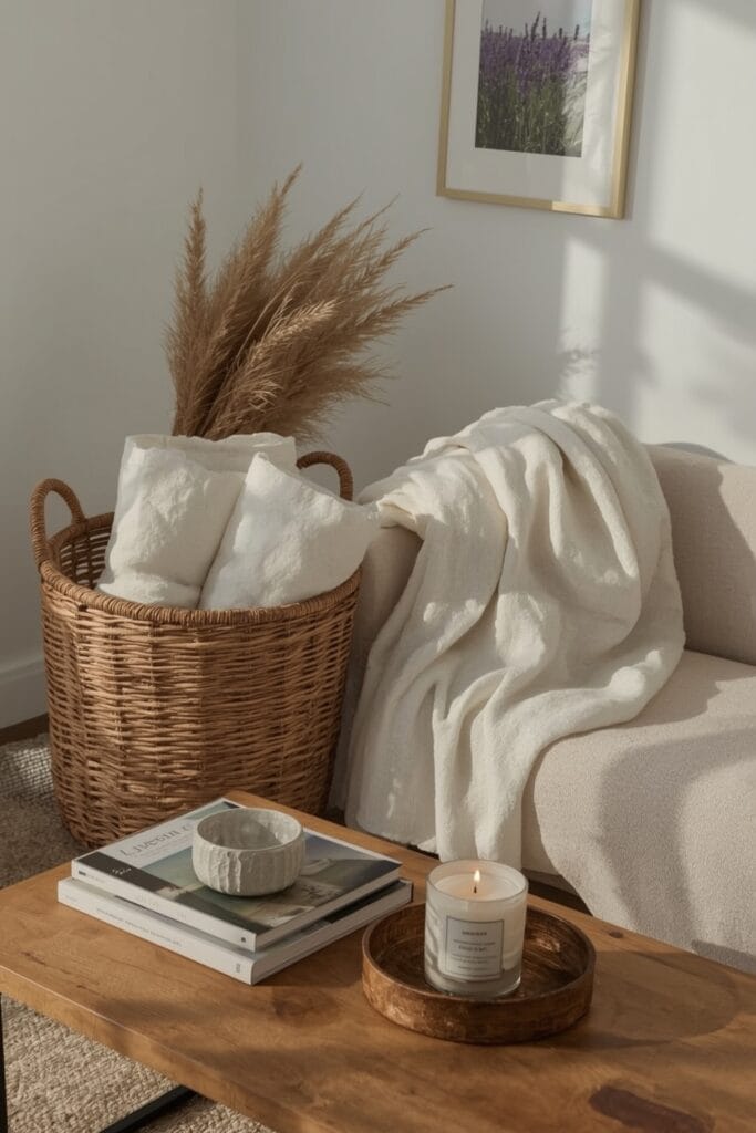 Accessoires Deco Campagne Chic : paniers en osier, céramiques artisanales et bougie parfumée