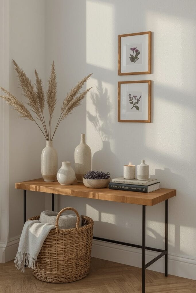 Collection d'accessoires Deco Campagne Chic sur console : céramiques, panier et bougie vanille