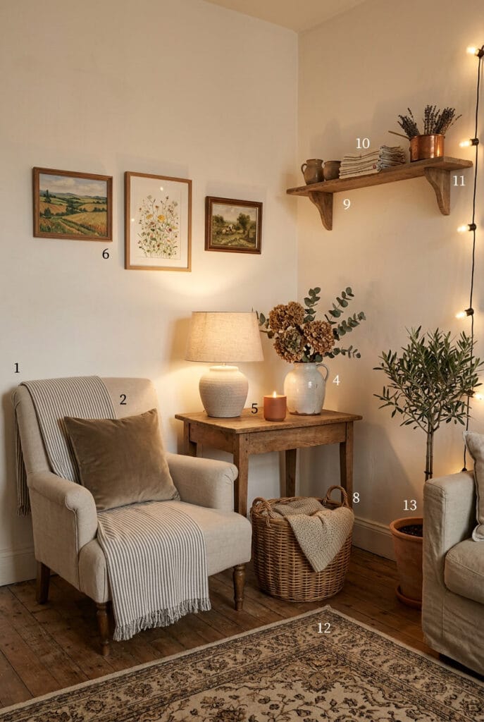 Accessoires deco campagne chic avec paniers tressés, céramiques artisanales et bougies parfumées dans un intérieur chaleureux