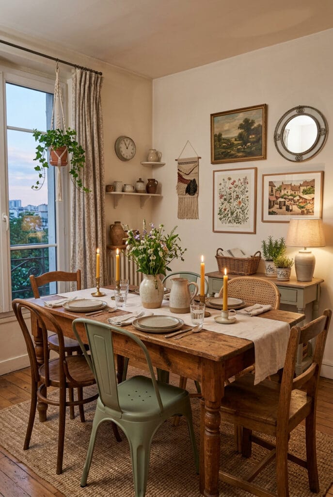 Salle à manger deco campagne chic avec table en bois patiné et chaises dépareillées pleines de caractère