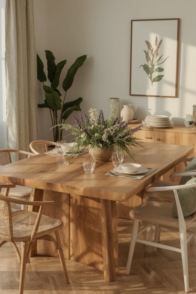 Salle à manger Deco Campagne Chic avec table en bois et chaises dépareillées