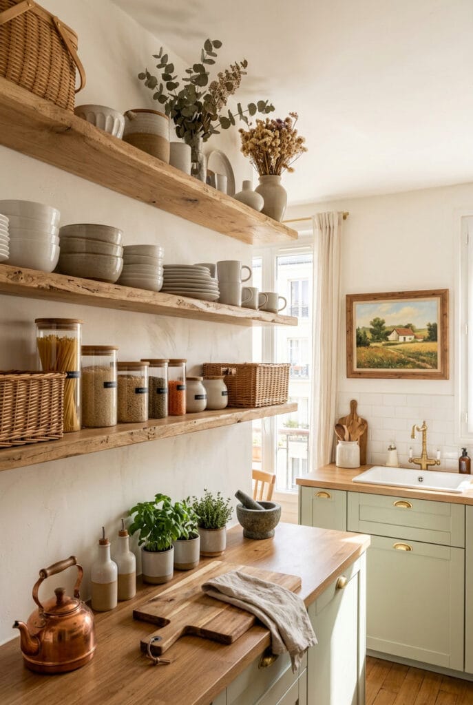 Cuisine deco campagne chic avec étagères en bois brut, vaisselle apparente et bocaux en verre