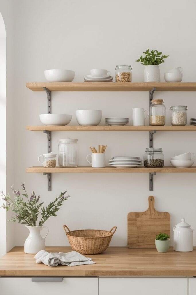 Cuisine Deco Campagne Chic avec étagères ouvertes et vaisselle apparente