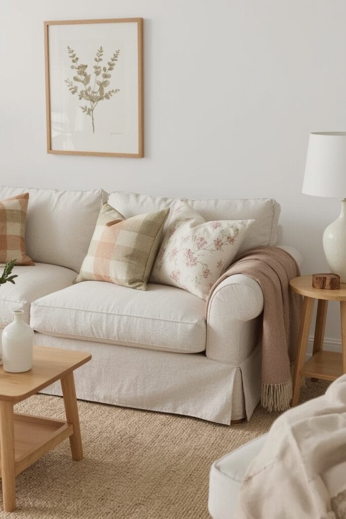 Salon décoré dans le style Deco Campagne Chic avec un canapé en lin beige, des coussins à motifs fleuris et carreaux, et des accessoires en bois et céramique.