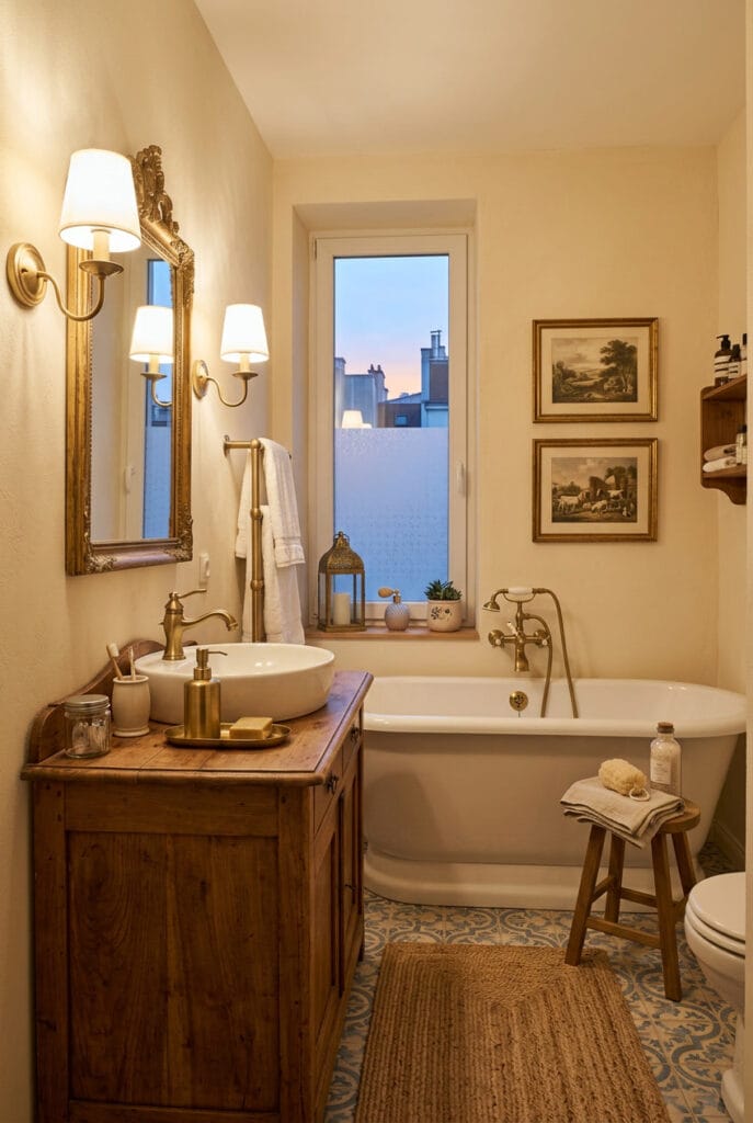 Salle de bain deco campagne chic avec meuble vasque en bois, miroir doré et accessoires en laiton