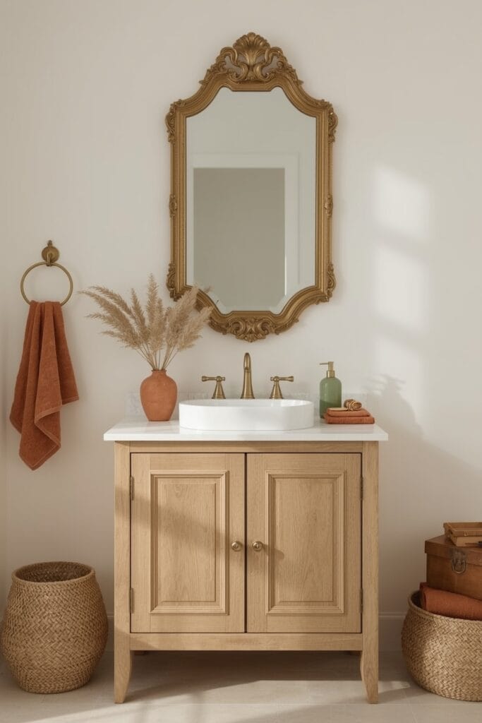 Salle de bain campagne chic avec meuble vasque en bois, miroir doré, accessoires laiton et rangements en osier, illustrant la Deco Campagne Chic.