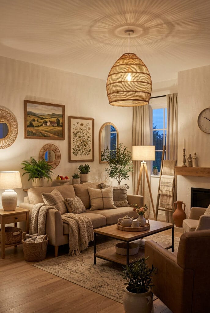 Salon deco campagne chic avec suspensions en osier et lampes à pied en bois diffusant une lumière douce