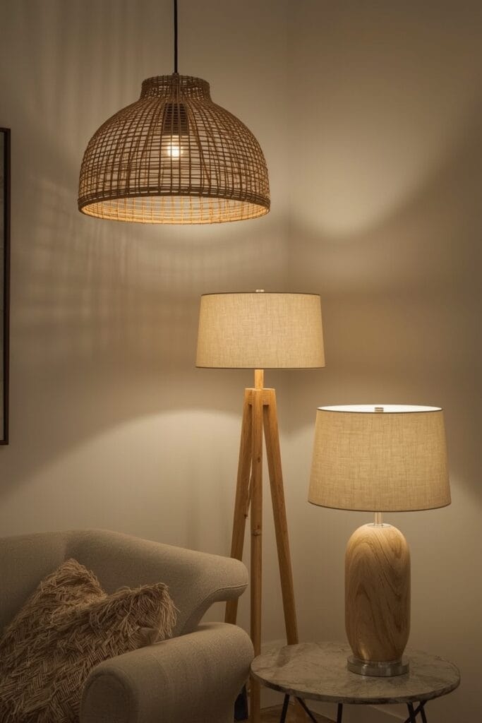 Éclairage campagne chic avec suspension en osier, lampe à pied en bois et abat-jour en lin pour une ambiance cosy, illustrant la Deco Campagne Chic.