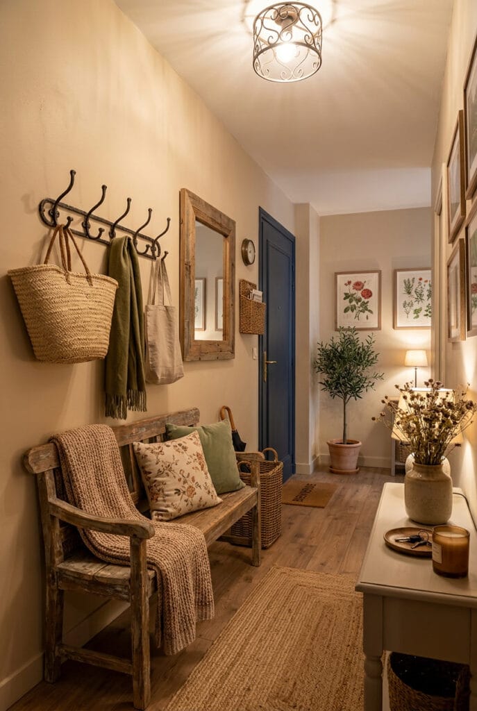 Entrée deco campagne chic avec banc en bois vieilli et patères en fer forgé au style authentique