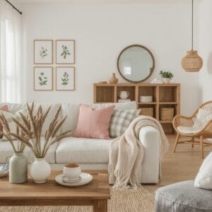 Intérieur Deco Campagne Chic avec salon, coin lecture et étagères ouvertes