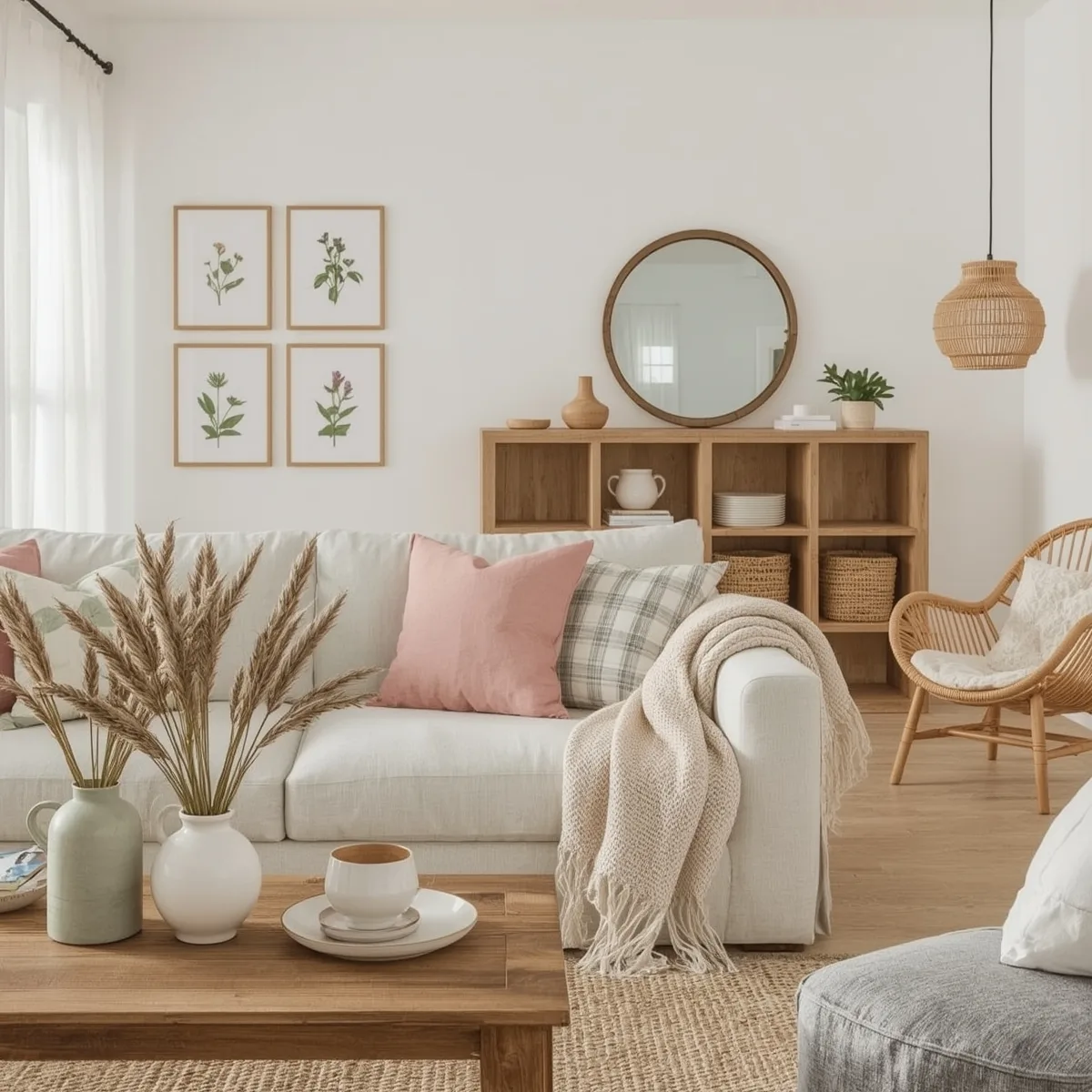 Intérieur Deco Campagne Chic avec salon, coin lecture et étagères ouvertes