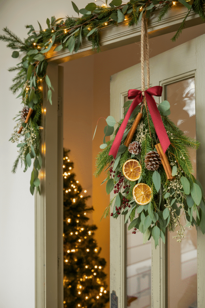 Decoration Noel : suspension végétale naturelle sur une porte