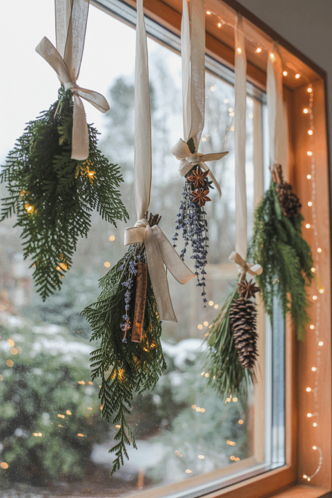 Decoration Noel : suspensions végétales multiples à une fenêtre