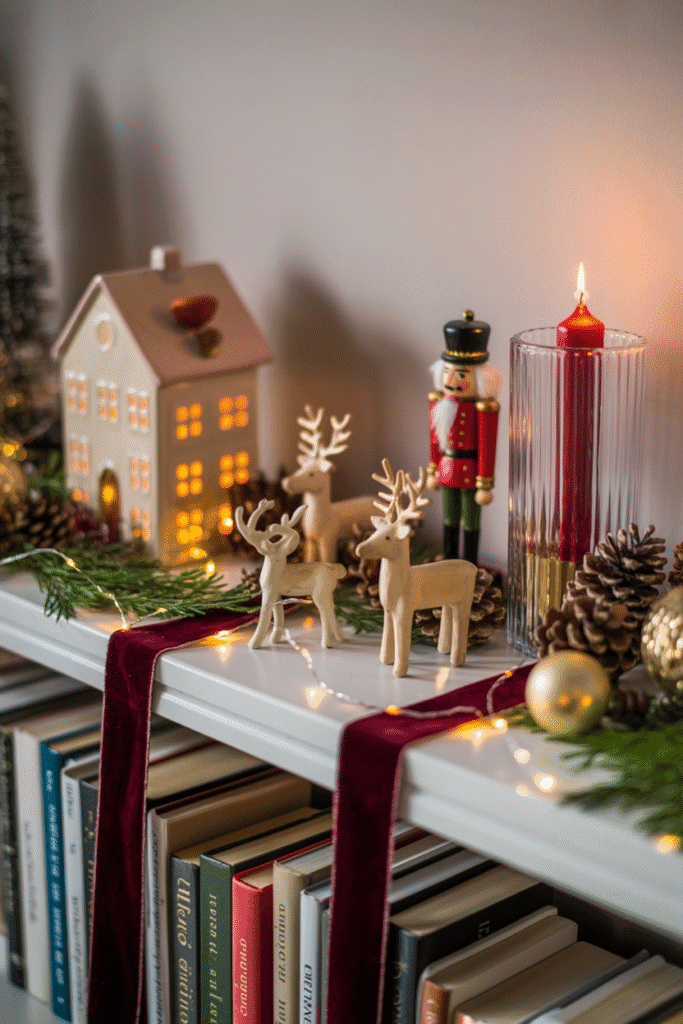 Decoration Noel : étagère décorée avec figurines et éléments naturels