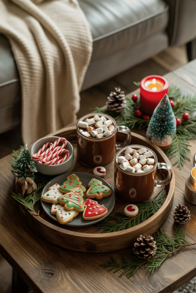 Decoration Noel : coin gourmand avec chocolat chaud et biscuits