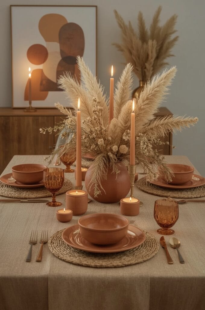 Decoration table de noel bohème chic avec terracotta, rotin, bougies ambrées et fleurs séchées pour une ambiance chaleureuse.