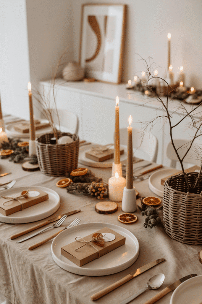Decoration table de noel personnalisée avec marque-places DIY, petits cadeaux et détails faits main pour une ambiance cosy et unique.