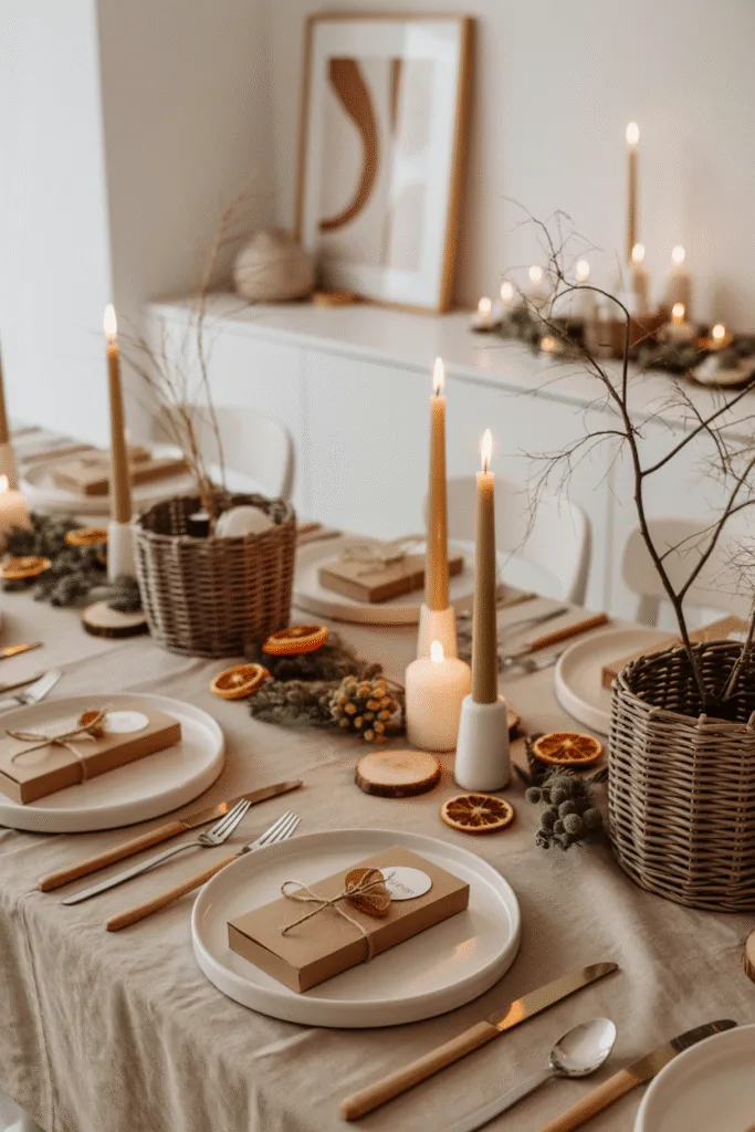 Decoration table de noel personnalisée avec marque-places DIY, petits cadeaux et détails faits main pour une ambiance cosy et unique.
