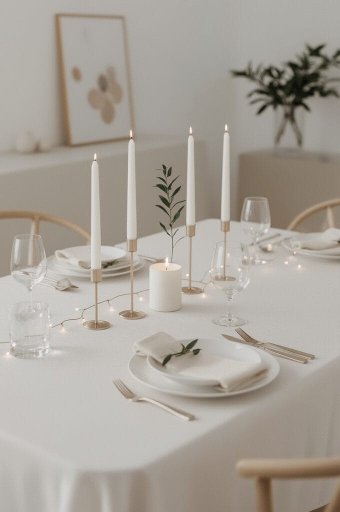 Decoration table de noel minimaliste avec nappe blanche, vaisselle épurée, bougies fines et rameau d'olivier dans une ambiance cosy.