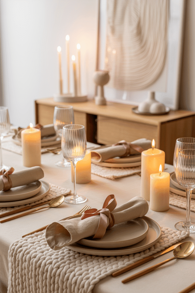 Decoration table de noel cocooning avec plaid en laine, bougies ivoire et vaisselle mate dans des tons beige et crème.