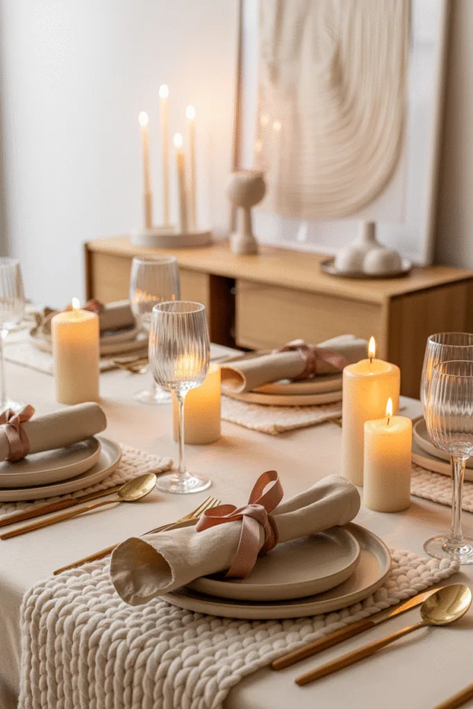 Decoration table de noel cocooning avec plaid en laine, bougies ivoire et vaisselle mate dans des tons beige et crème.