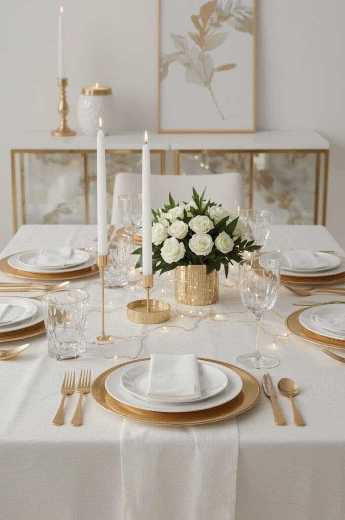 Decoration table de noel élégante en blanc et or avec vaisselle dorée, bougies et guirlandes lumineuses.