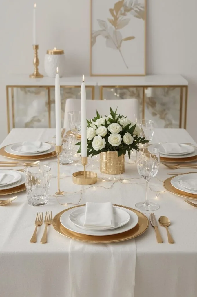Decoration table de noel élégante en blanc et or avec vaisselle dorée, bougies et guirlandes lumineuses.
