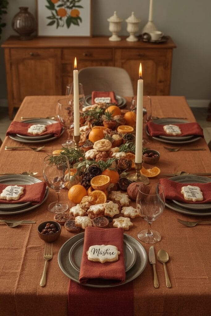 Decoration table de noel gourmande avec biscuits décorés, fruits secs et marque-places DIY pour une ambiance cosy.