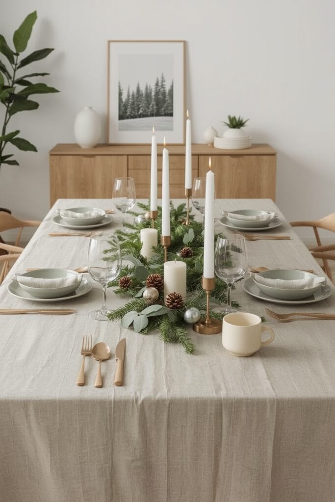 Decoration table de noel naturelle avec chemin de table en lin, branchages de sapin, pommes de pin dorées et bougies blanches.
