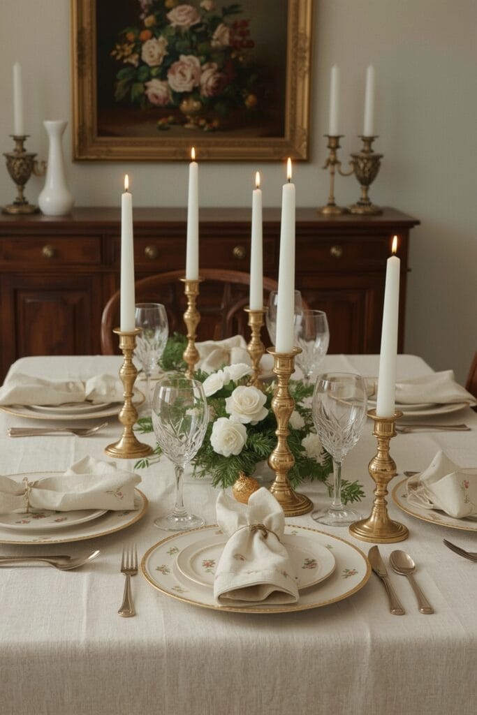 Decoration table de noel vintage avec vaisselle ancienne, bougeoirs en laiton et serviettes brodées pour une ambiance rétro cosy.