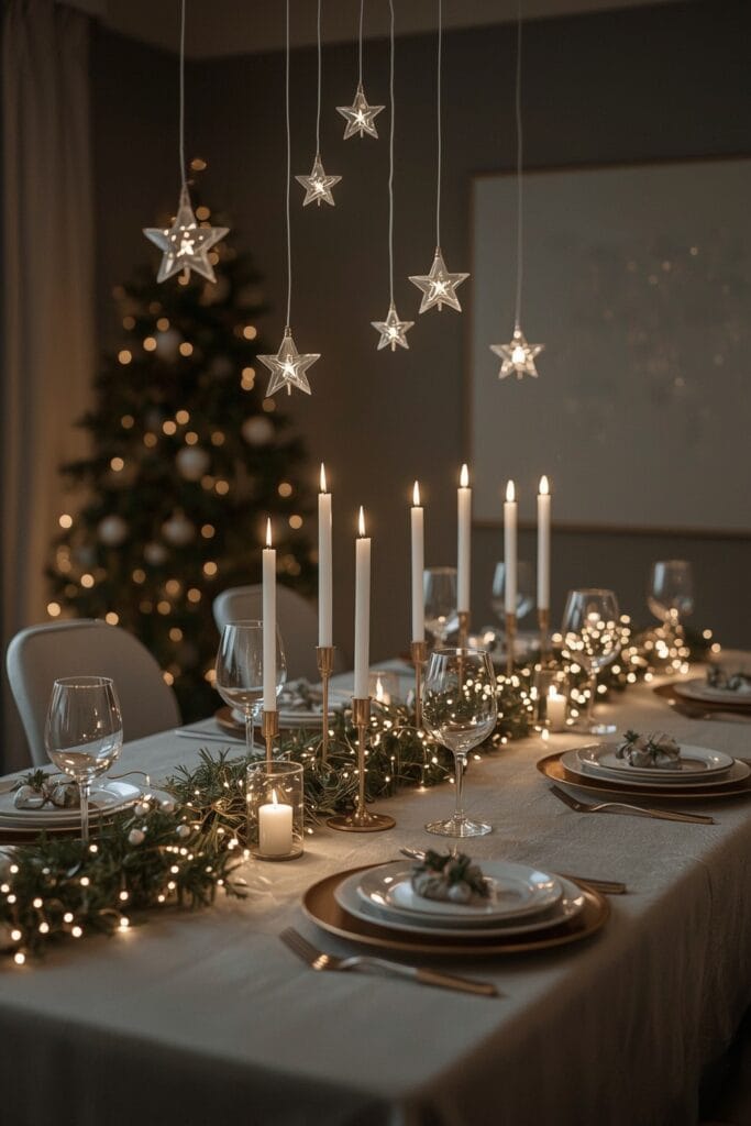 Decoration table de noel enchantée avec guirlandes lumineuses, suspensions étoilées et bougies pour une ambiance magique et cosy.