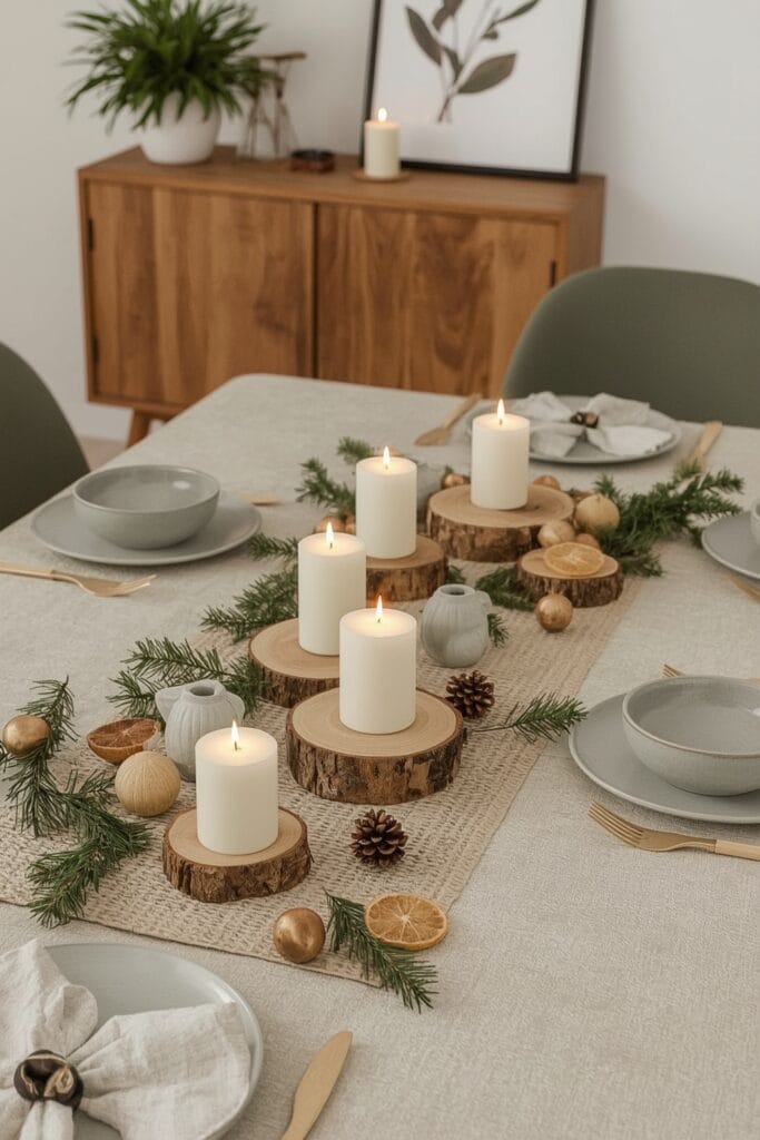 Decoration table de noel rustique chic avec bois, lin, grès et bougies pour une ambiance champêtre cosy.