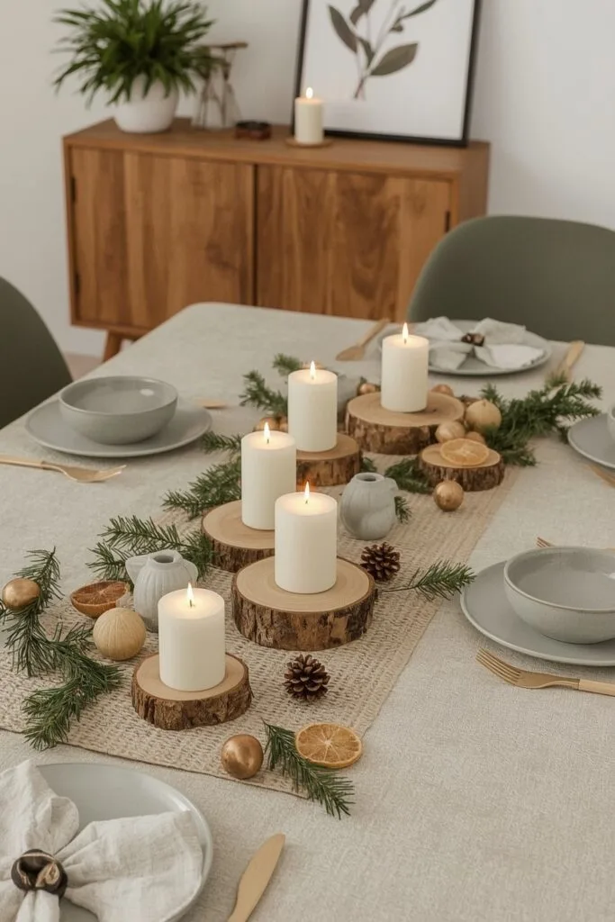 Decoration table de noel rustique chic avec bois, lin, grès et bougies pour une ambiance champêtre cosy.