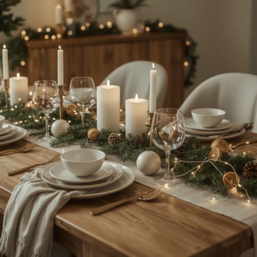 Decoration table de noel cosy et chaleureuse avec chemin de table en lin, branchages, bougies blanches et vaisselle en céramique mate.