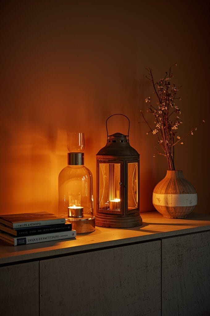 Décoration de console en soirée avec un mélange de lanternes modernes et vintage éclairant l'espace.